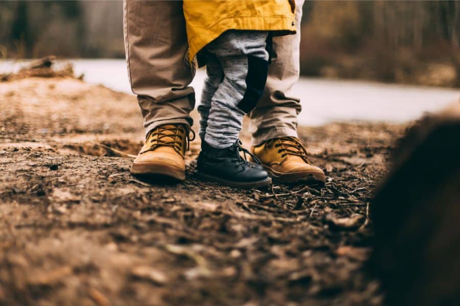 Adult and child standing on a muddy path, showcasing outdoor footwear, embodying family bonding and exploration.