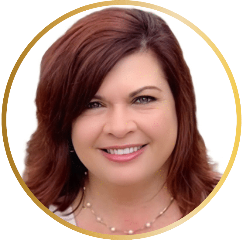 Amy Waters, Senior Loan Officer at OM Mortgage LLC, smiling with a professional demeanor, framed in a circular gold border.